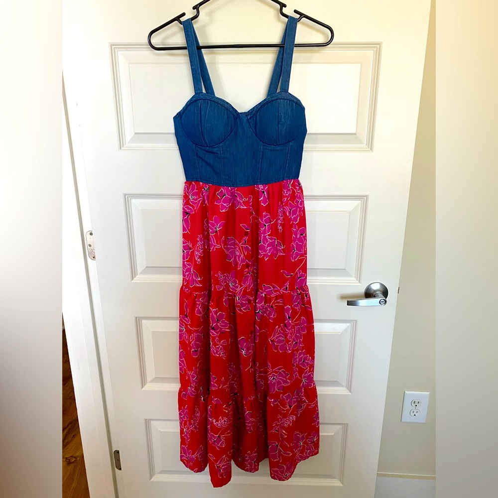 Denim and floral maxi dress